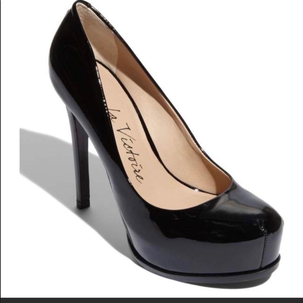 Pour la Victoire black patent platform  heels